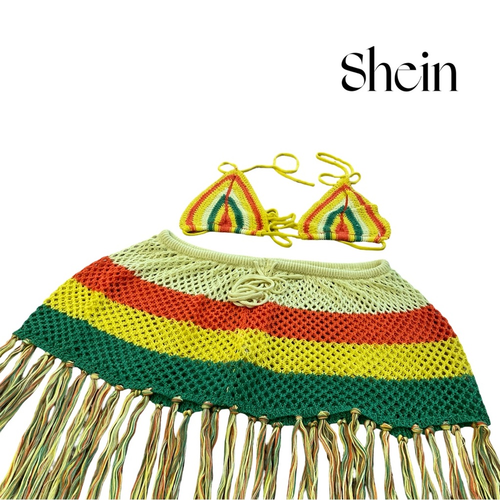 SHEIN Plus Crochet bikini top & Fringe Skirt Rasta Colors Adjustable Set 1X-3X - Picture 3 of 9